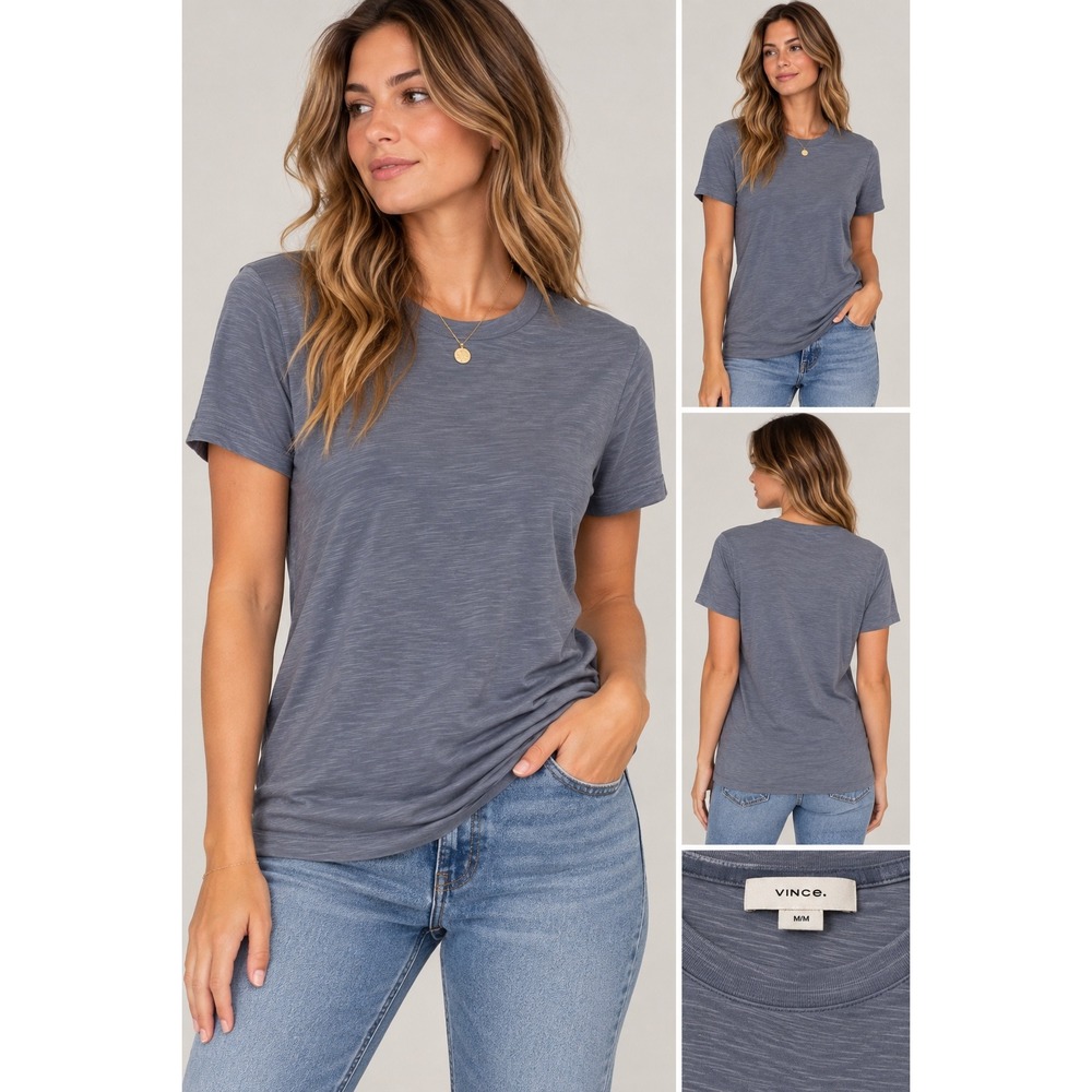 Vince Womens Blue Gray Slub Cotton Modal Short Sleeve Tee Shirt Size M